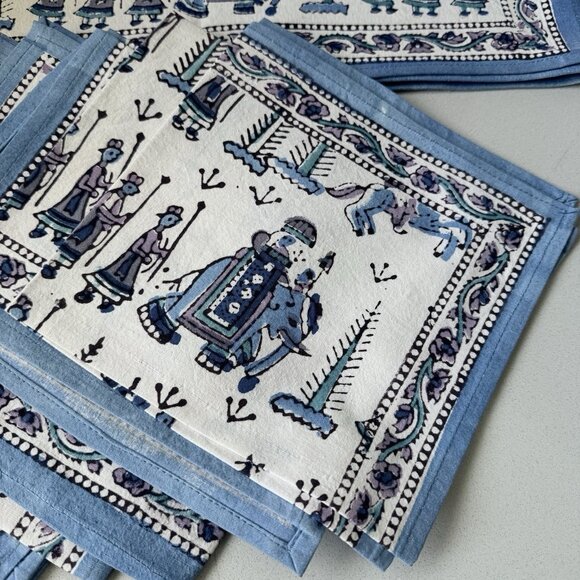 NEW 6 Placemats 6 Napkins Ethnic Indian Cotton Blockprint Boho Blue Elephants - Picture 1 of 10